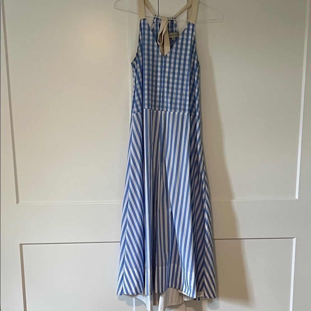 Lee Mathews Blue and White Striped Midi Dress